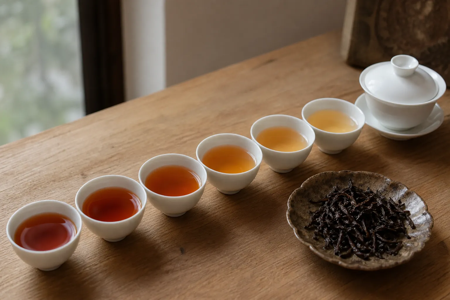 Several small gongfu cups of black tea showing darker early infusions and paler later infusions