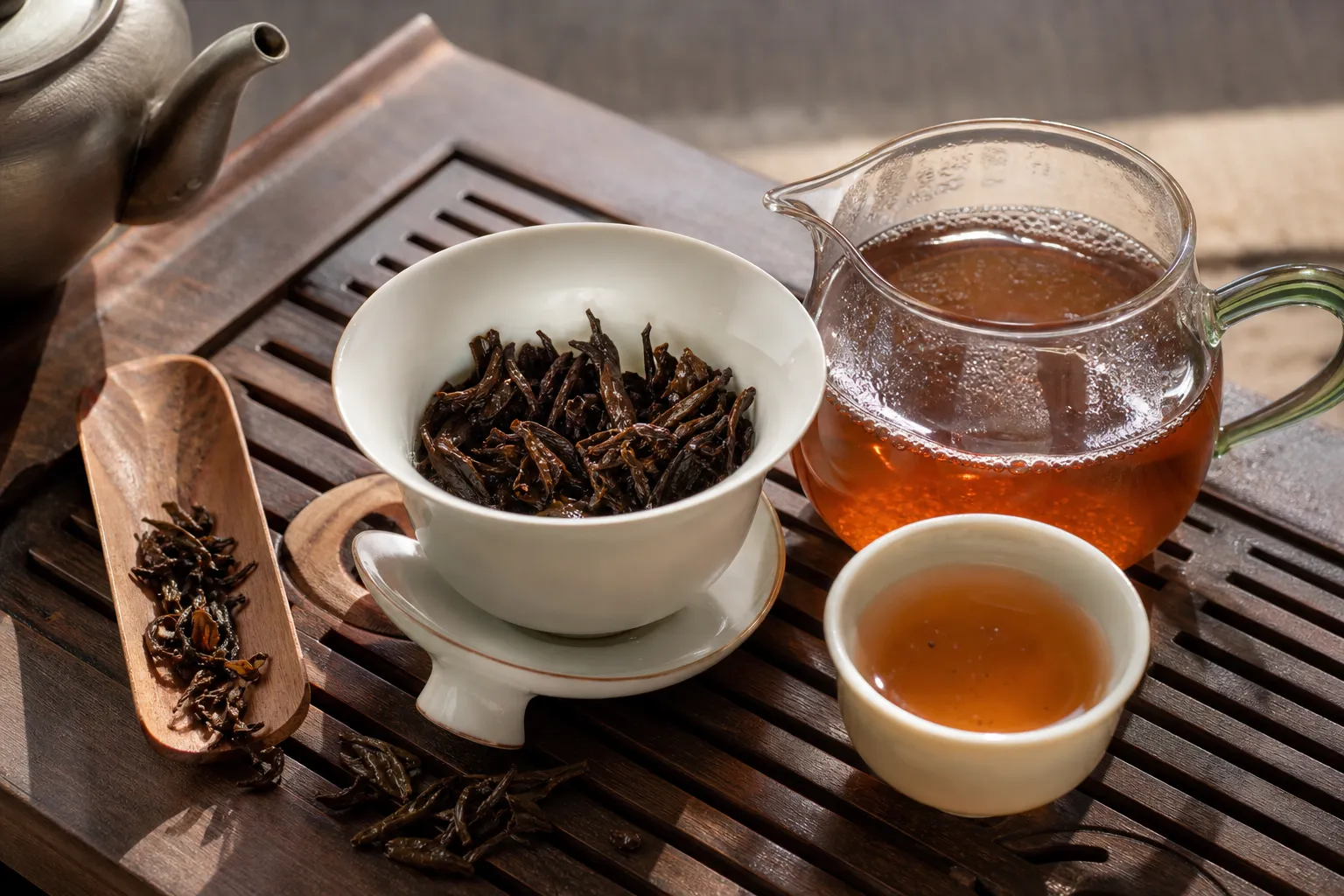 Wet whole black tea leaves in a small gaiwan beside amber tea liquor