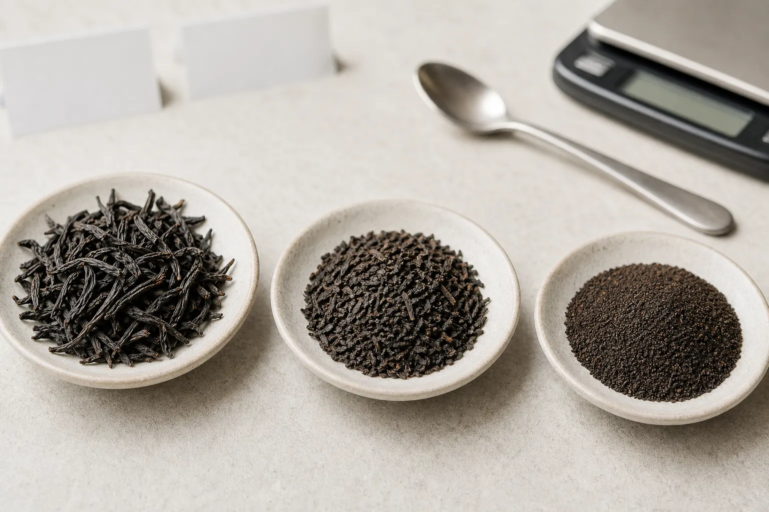 Different black tea leaf forms showing whole twisted leaves, broken leaf, and fine tea for Western brewing decisions