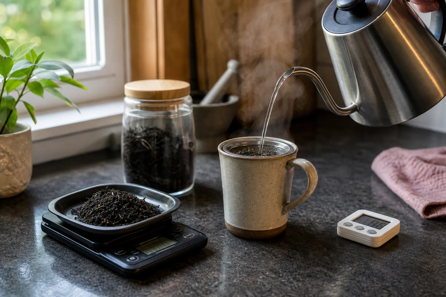 Measured black tea beside a mug, infuser basket, hot water, and a timer for Western-style brewing
