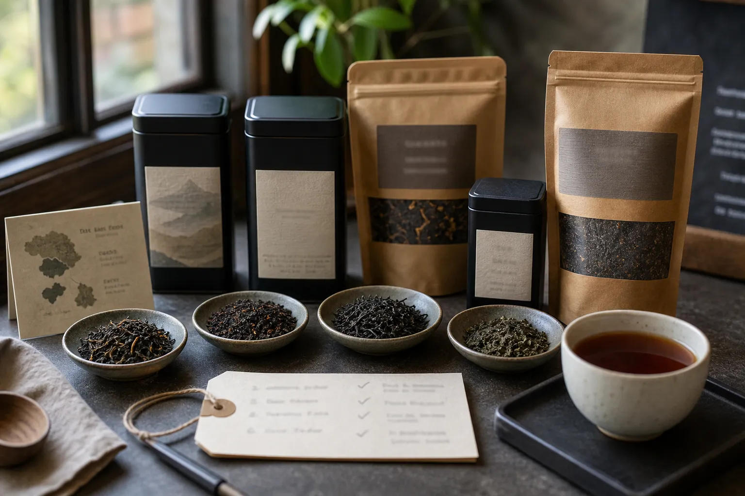 Several black tea packages and dry leaf samples arranged for comparison before buying
