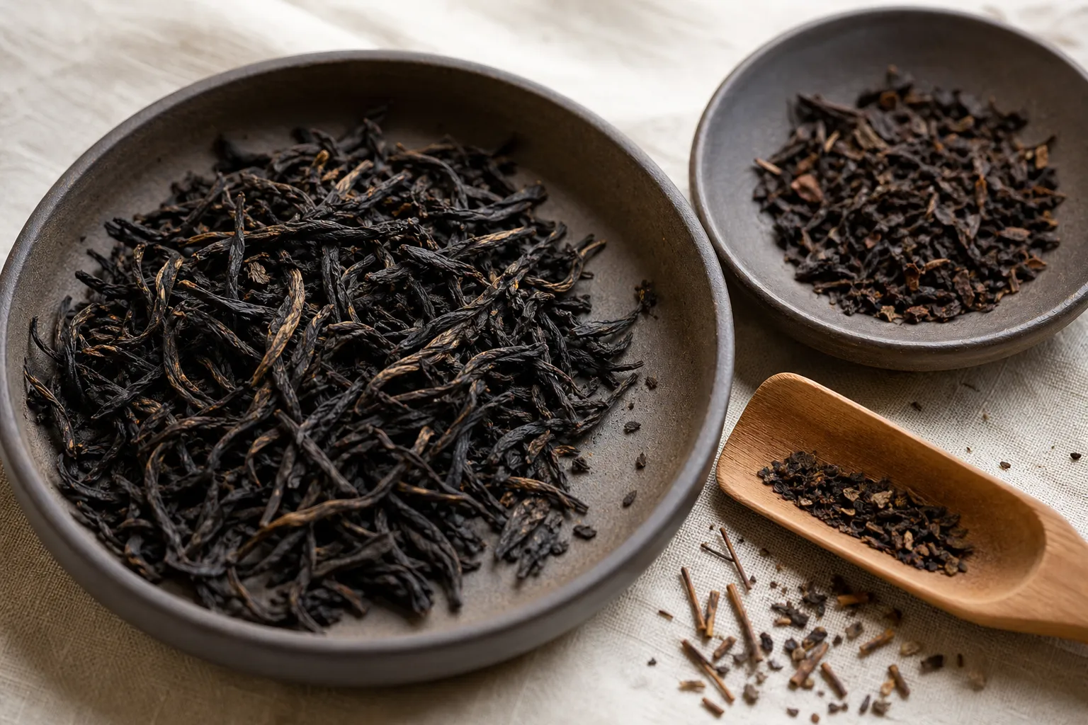 Whole and broken black tea leaves shown side by side for dry leaf comparison