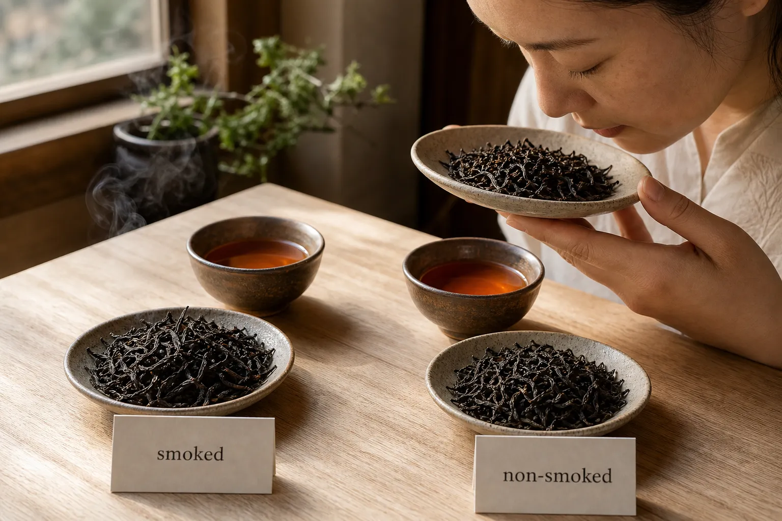 Smoked and non-smoked Lapsang Souchong leaves compared with amber cups for aroma checking