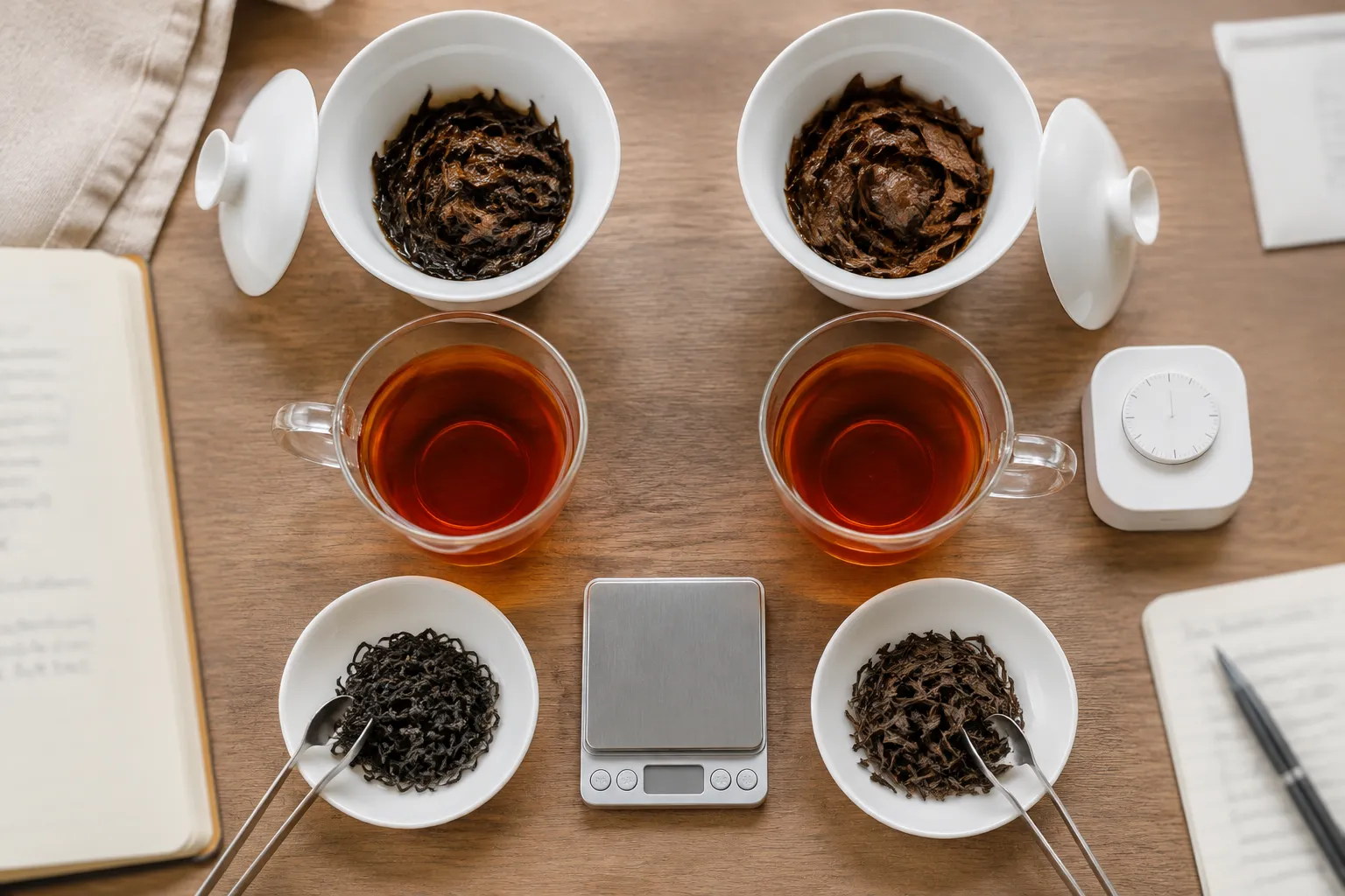Measured Keemun and Yunnan black tea tasting with equal cups water and leaf portions