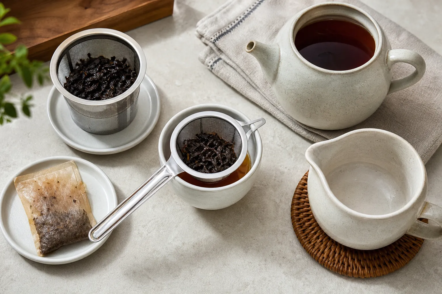 Black tea service tools showing an infuser basket, tea sack, strainer, and second serving pot