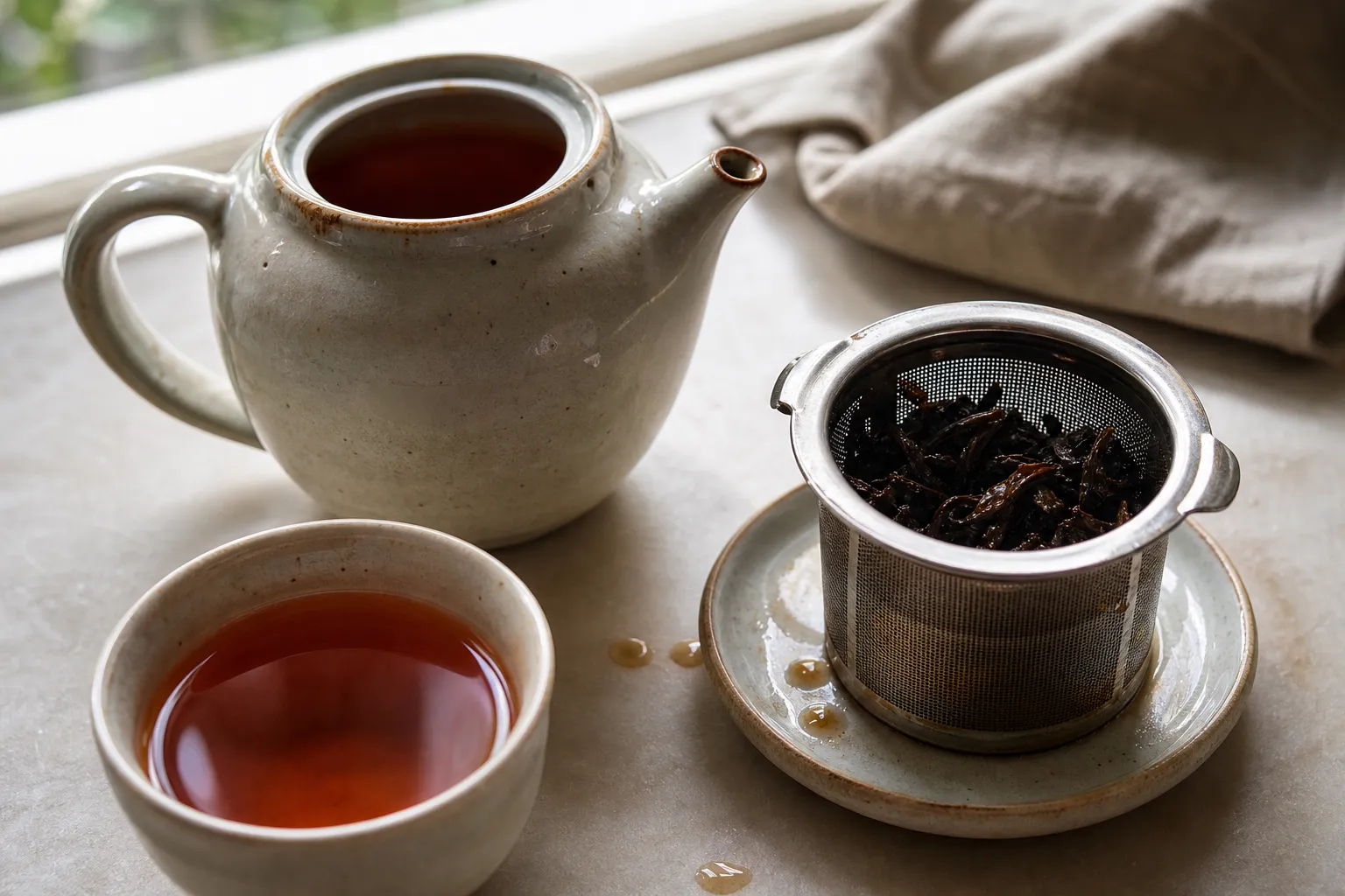 A brewed pot of black tea with the leaves separated from the finished liquor