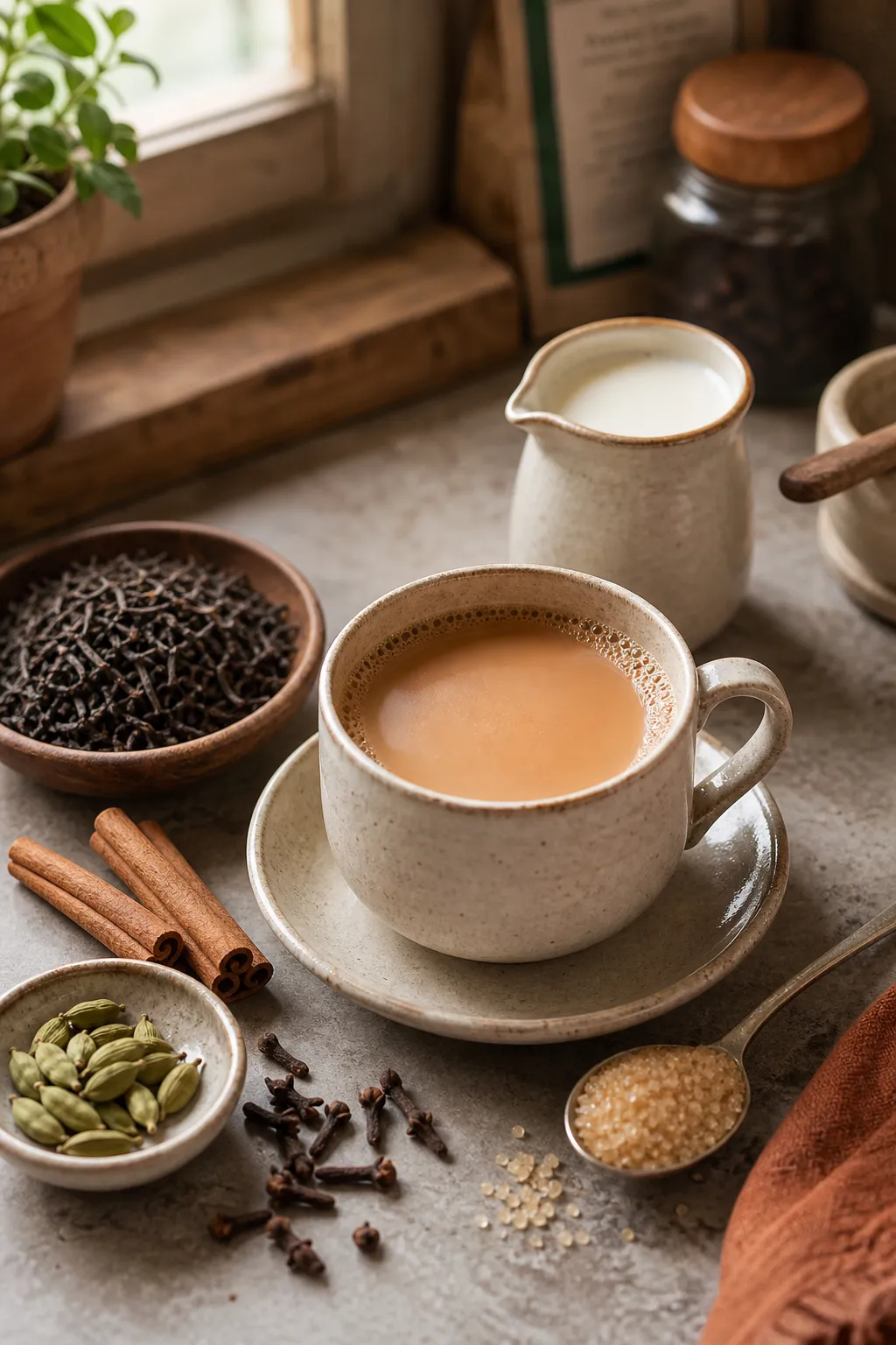 A brewed masala chai cup beside black tea leaves, spices, milk, and sweetener as the main cup variables