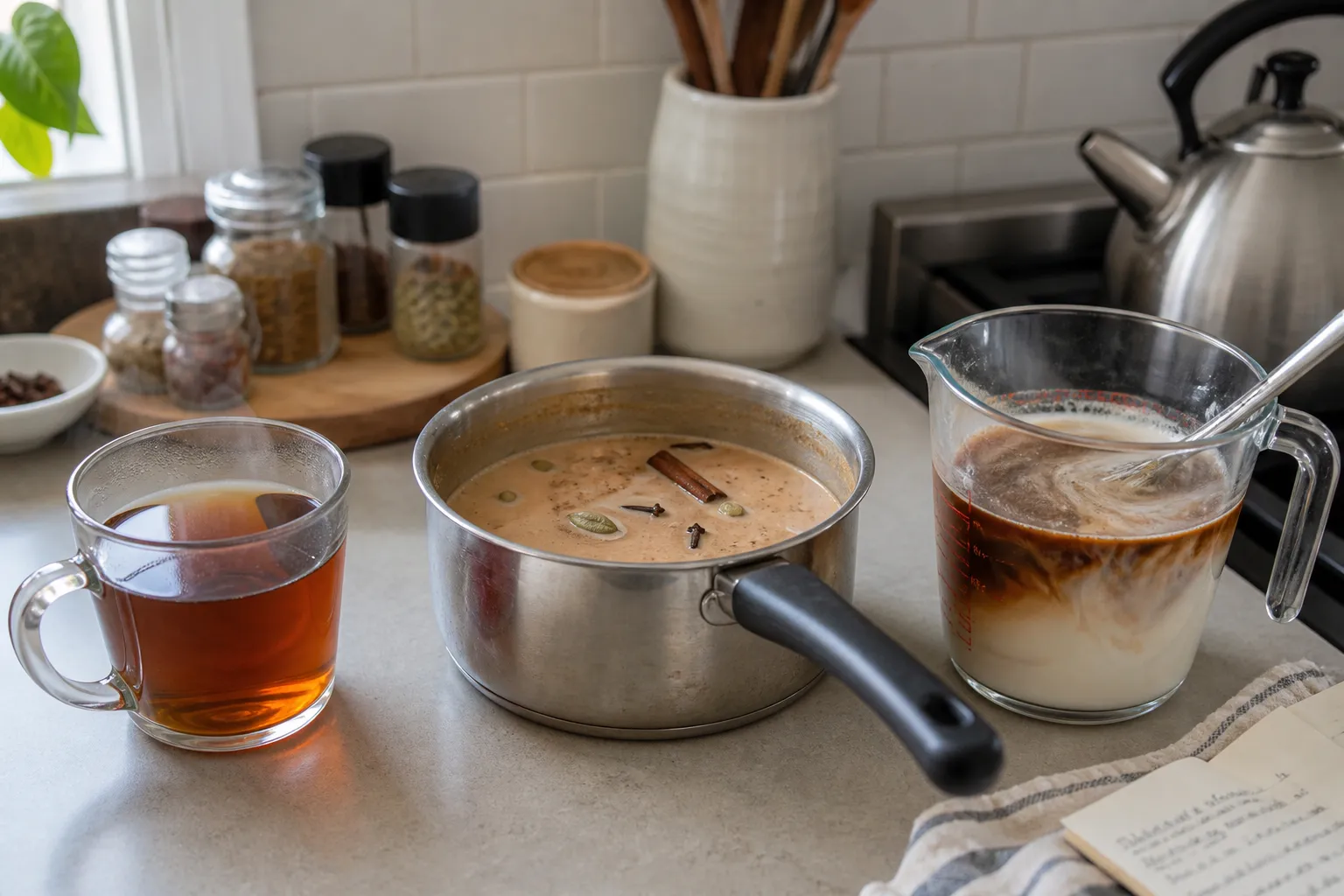Steeped black tea, simmered masala chai, and chai concentrate shown as different preparation choices