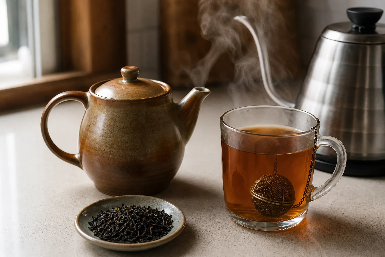 A lidded teapot and an open mug of black tea being compared during steeping