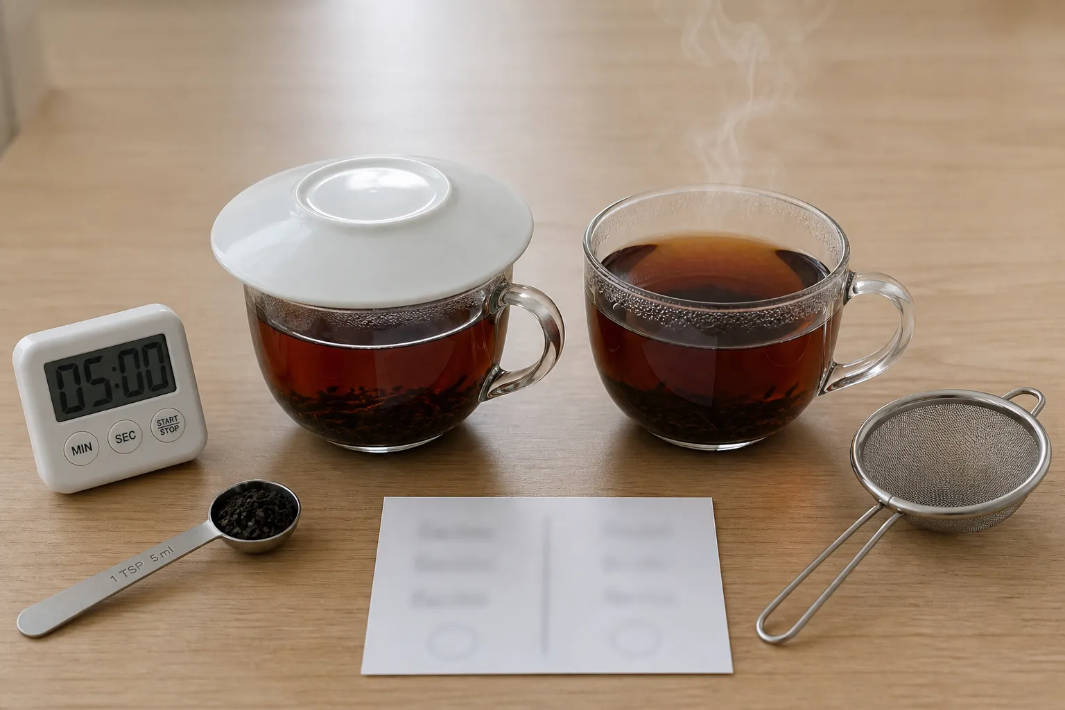 Two black tea infusions compared side by side, one covered and one uncovered