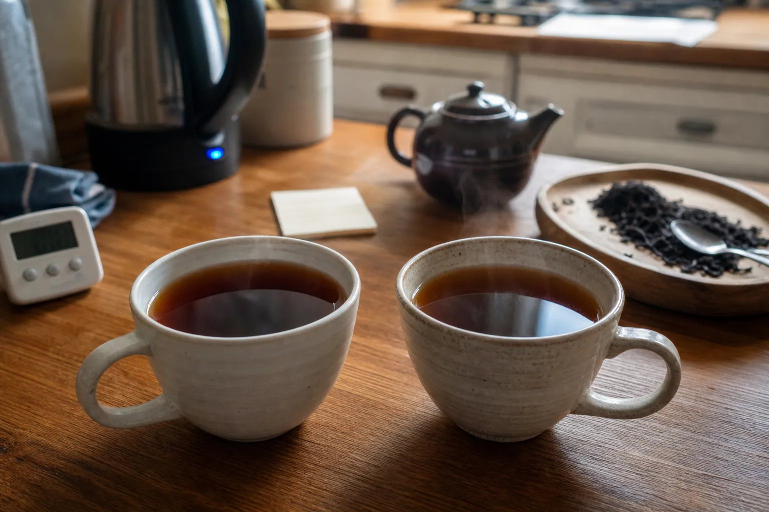 Two cups of black tea compared after brewing with the same teapot routine