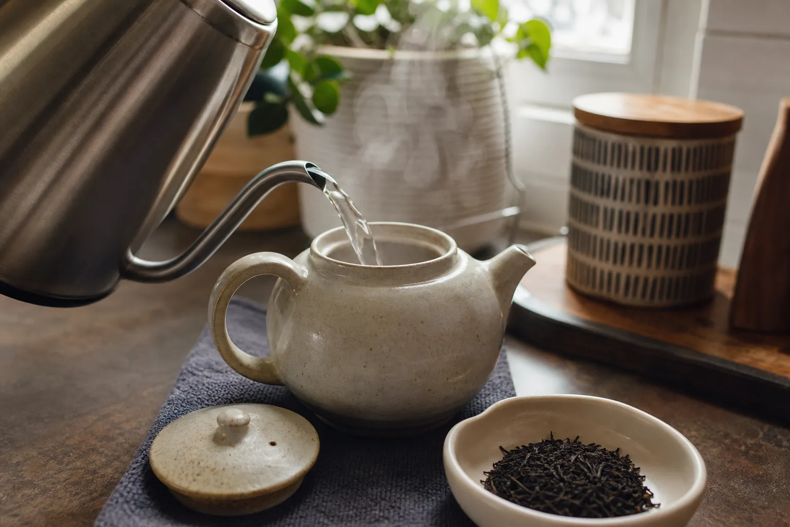 Hot water warming a teapot before black tea leaves are added