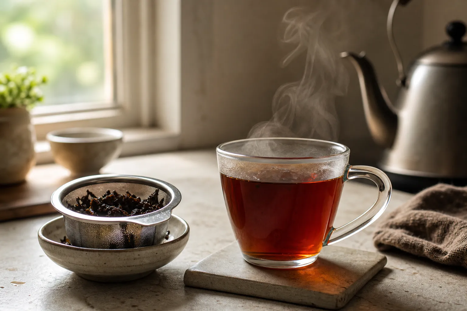 Black tea leaves beside a brewed cup showing why the first hot water contact matters