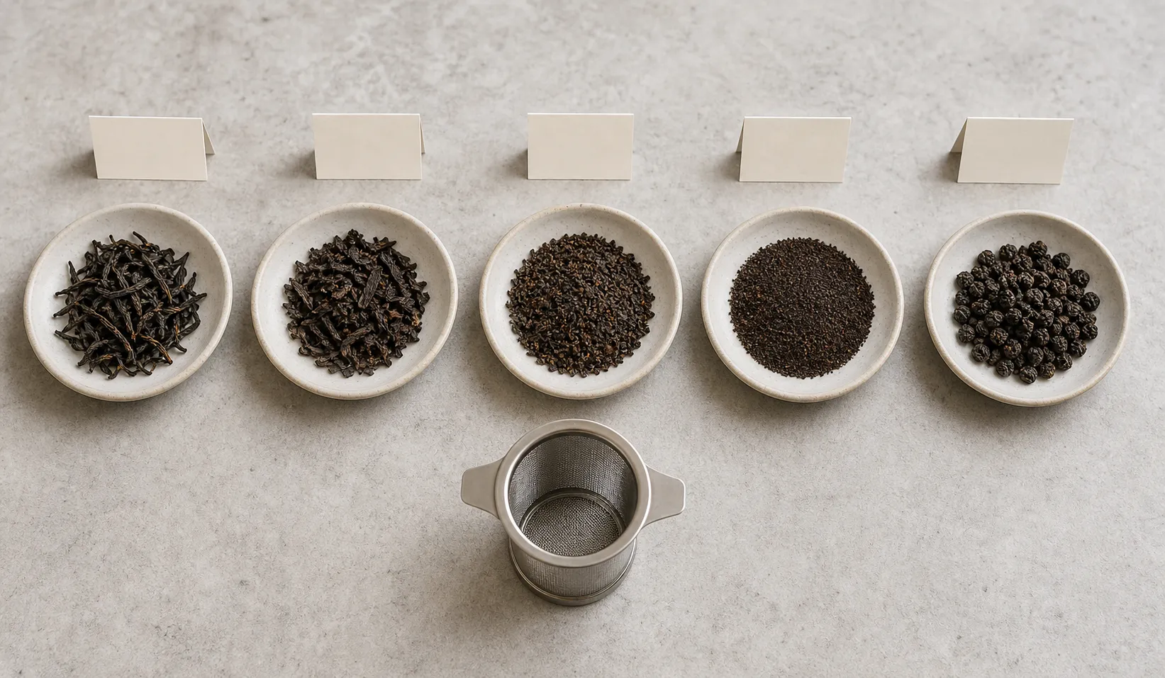 Different black tea leaf forms showing whole leaves broken leaf fannings dust and tightly rolled tea
