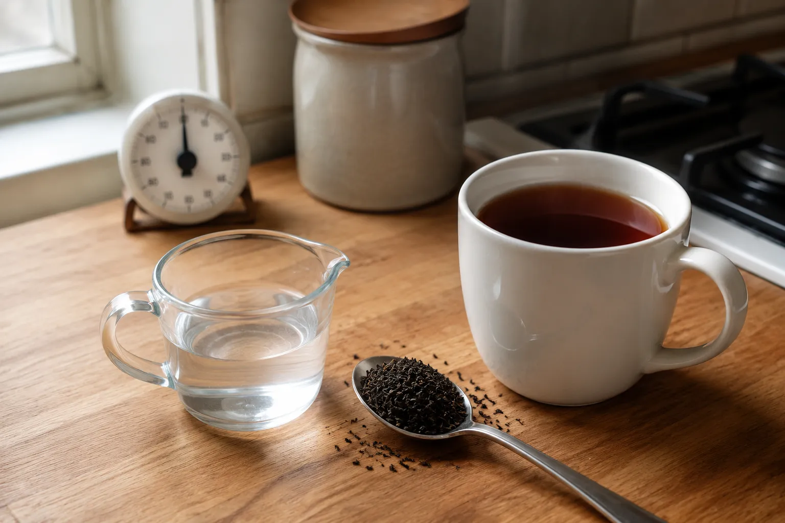 Black tea brewed with extra leaf beside a steady cup and water measure