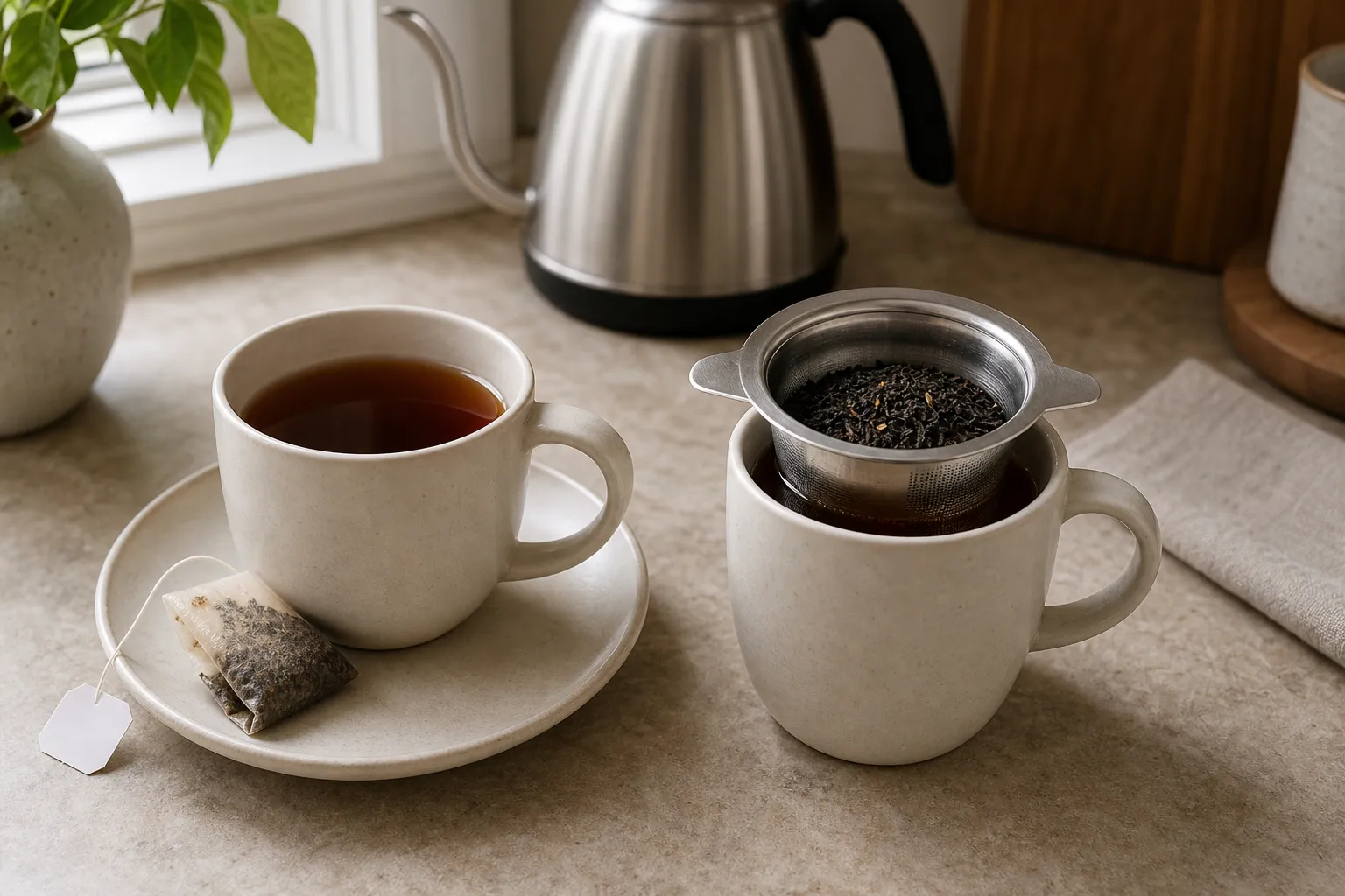 Tea bag and loose leaf black tea prepared for comparison in Western brewing