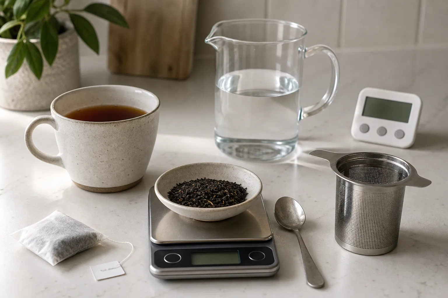 Black tea mug with measured loose leaf and a tea bag showing ratio choices