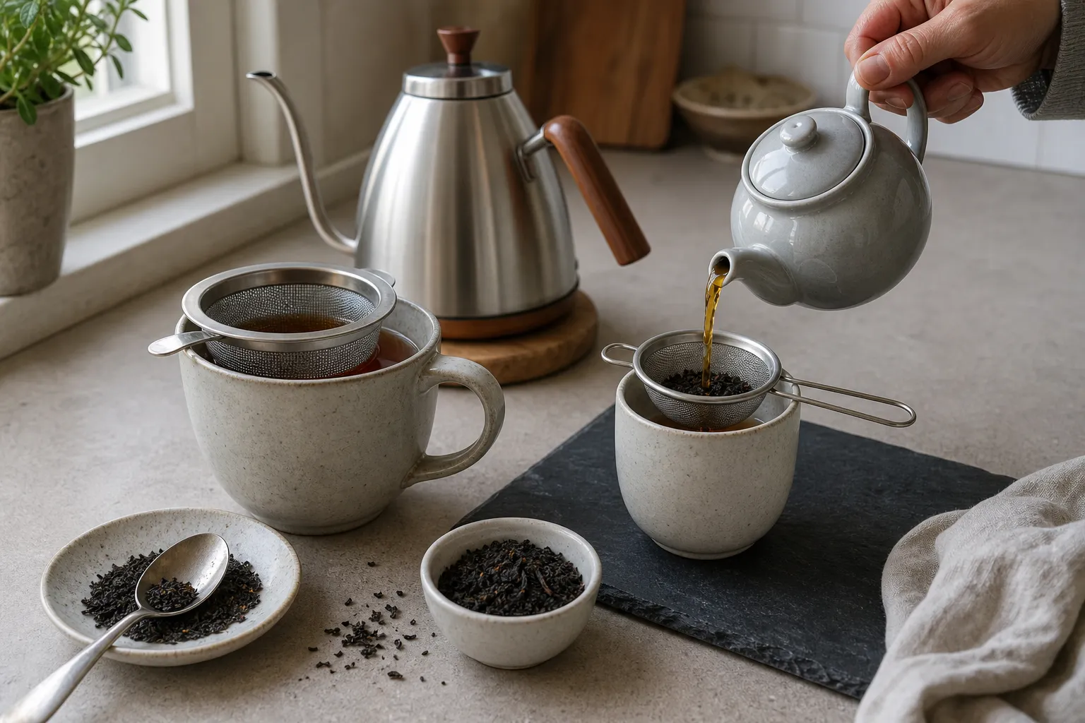 Wide infuser basket beside a loose leaf tea strainer with black tea leaves and brewed cups