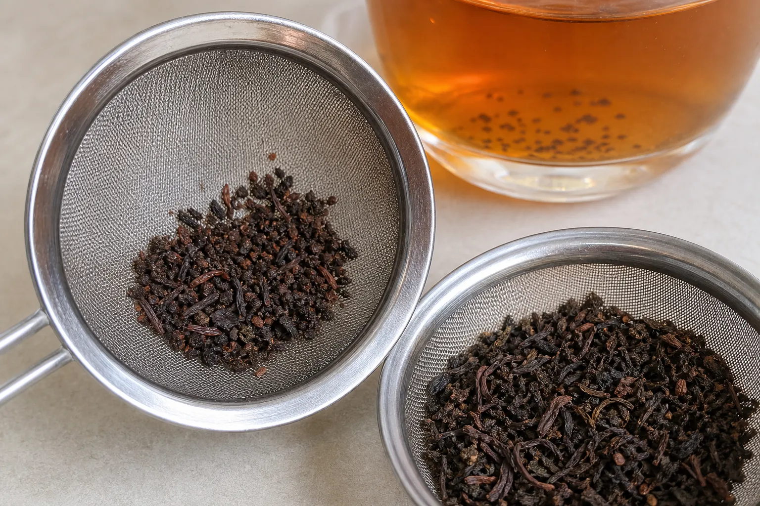 Fine mesh tea basket and strainer shown with small broken black tea particles