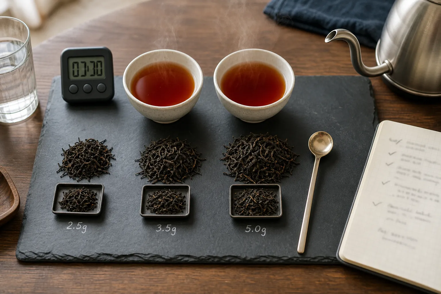 Black tea tasting setup comparing leaf amount steep time water volume aroma body and finish
