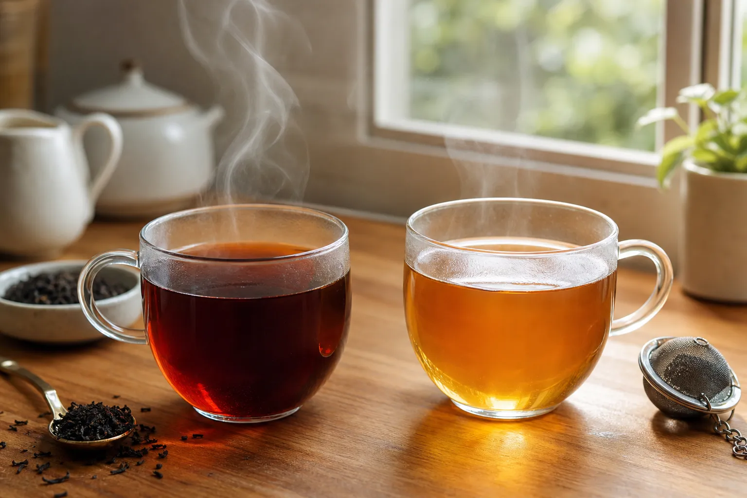 Two black tea cups showing a darker concentrated brew beside a lighter rounded brew