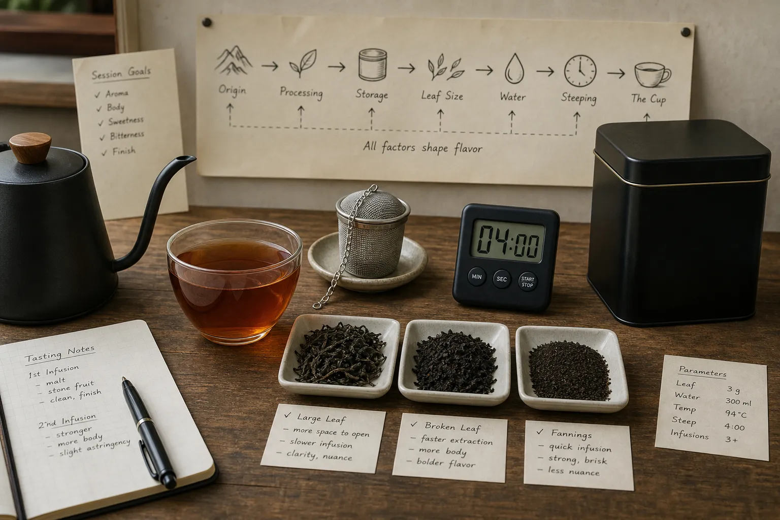 Brewed black tea beside dry leaf samples showing how origin, processing, storage, and steeping all shape the cup