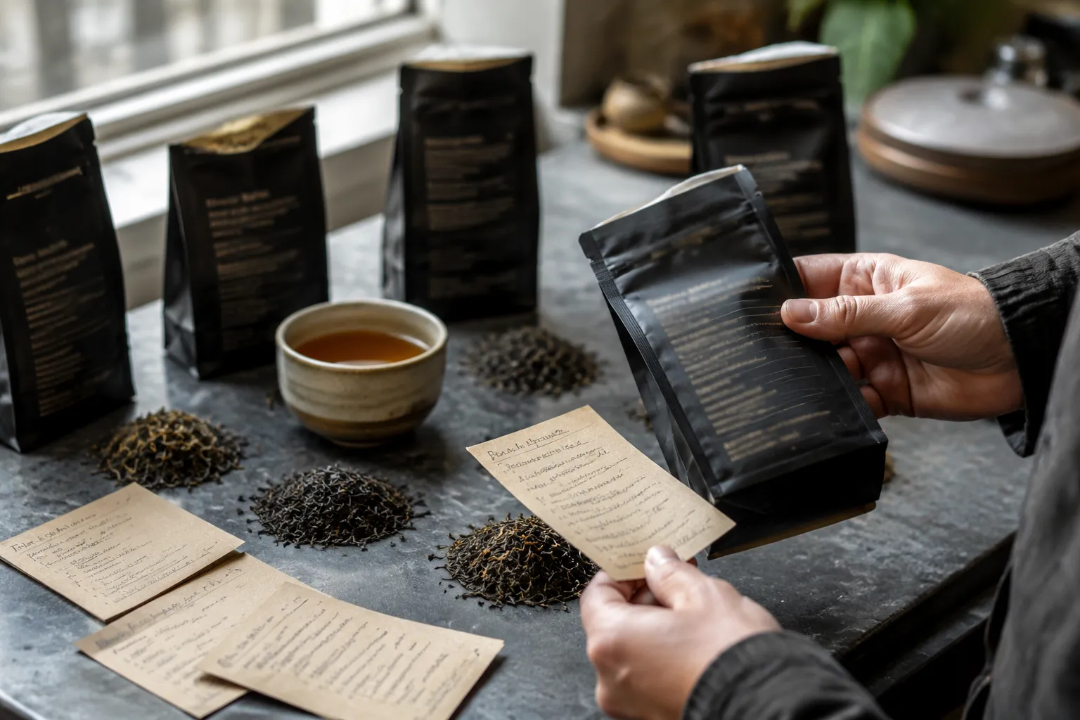 Black tea packages and loose leaves arranged for comparing origin details, leaf shape, aroma notes, and brewing guidance