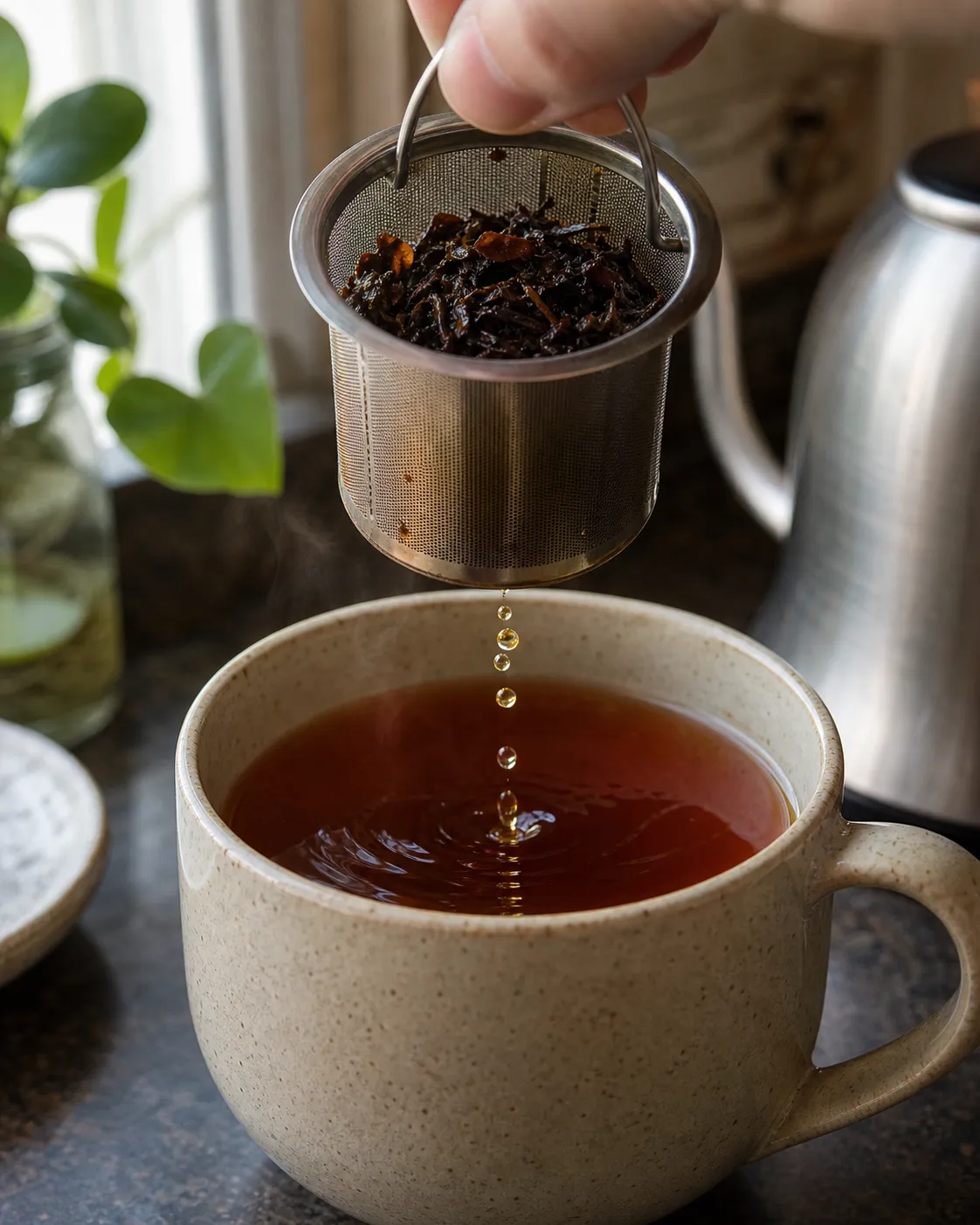 Black tea infuser lifted from amber tea when the cup has reached a balanced strength
