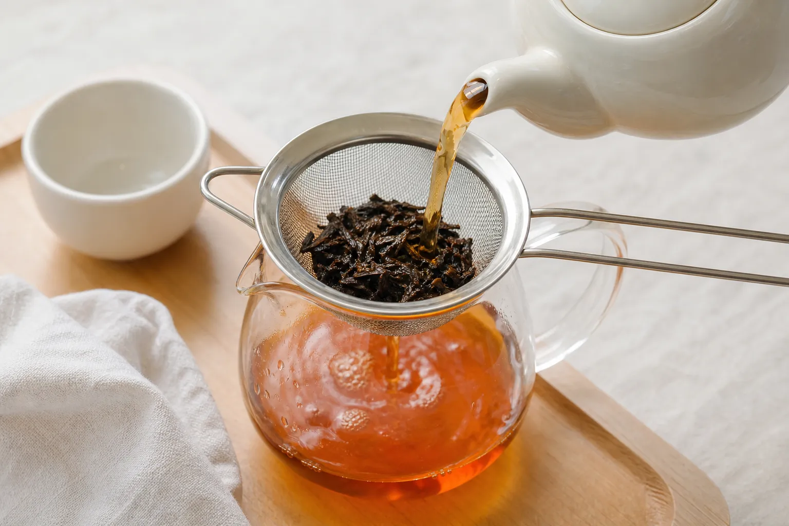 Brewed black tea being poured through a strainer into a second vessel to keep leaves out of later cups