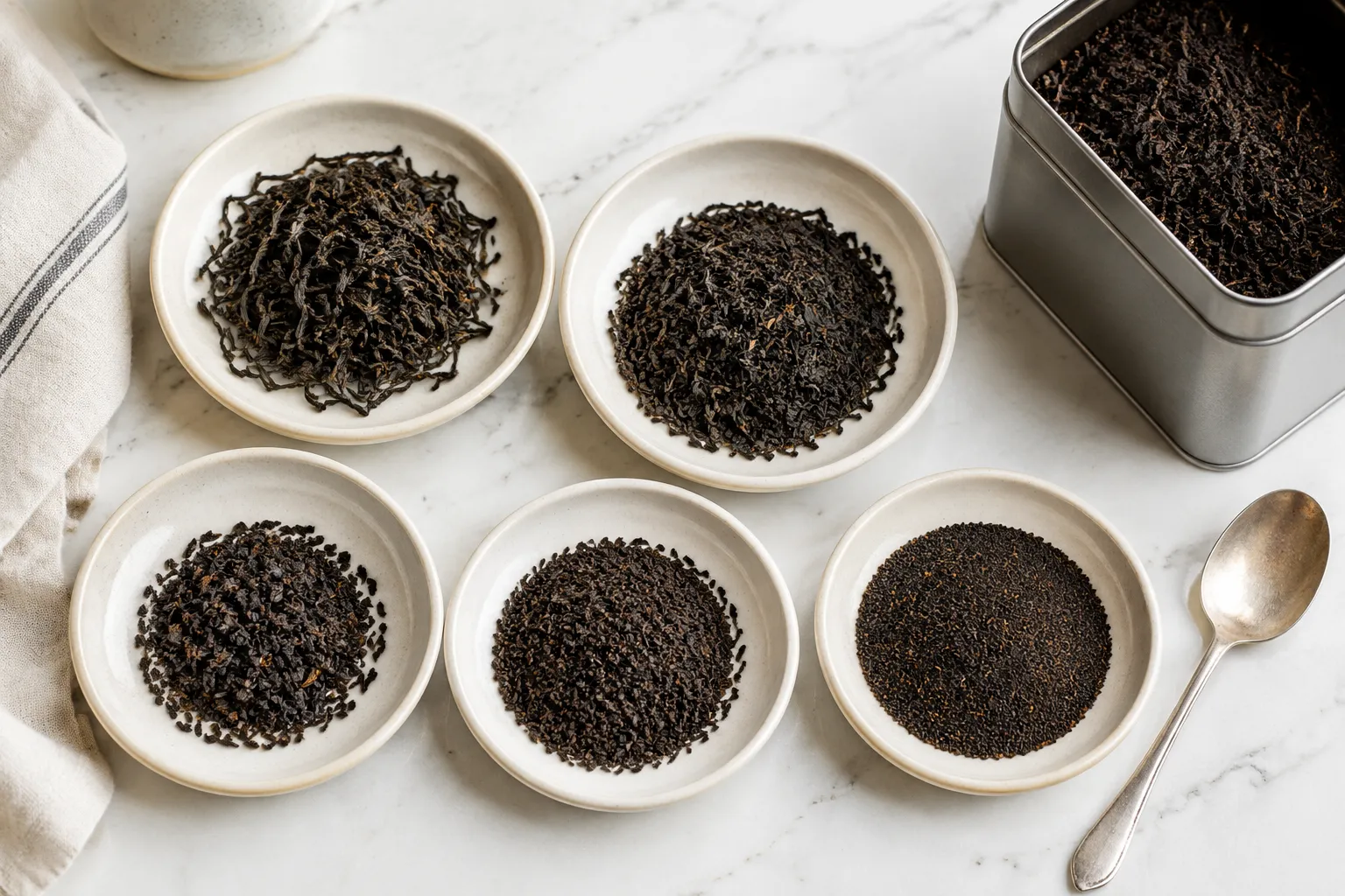 Ceylon black tea leaves in different cut sizes arranged for checking leaf form and freshness before brewing with milk