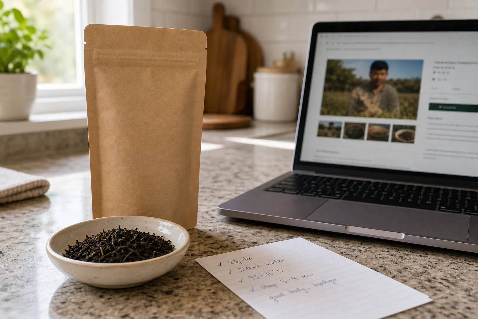 Black tea product listing check with dry leaves, package wording, and brewing notes compared together