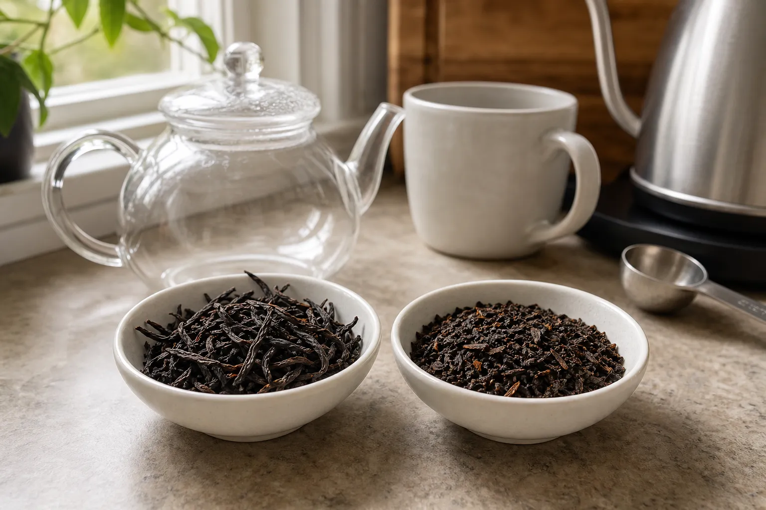 Whole leaf and broken leaf black tea shown side by side before Western brewing