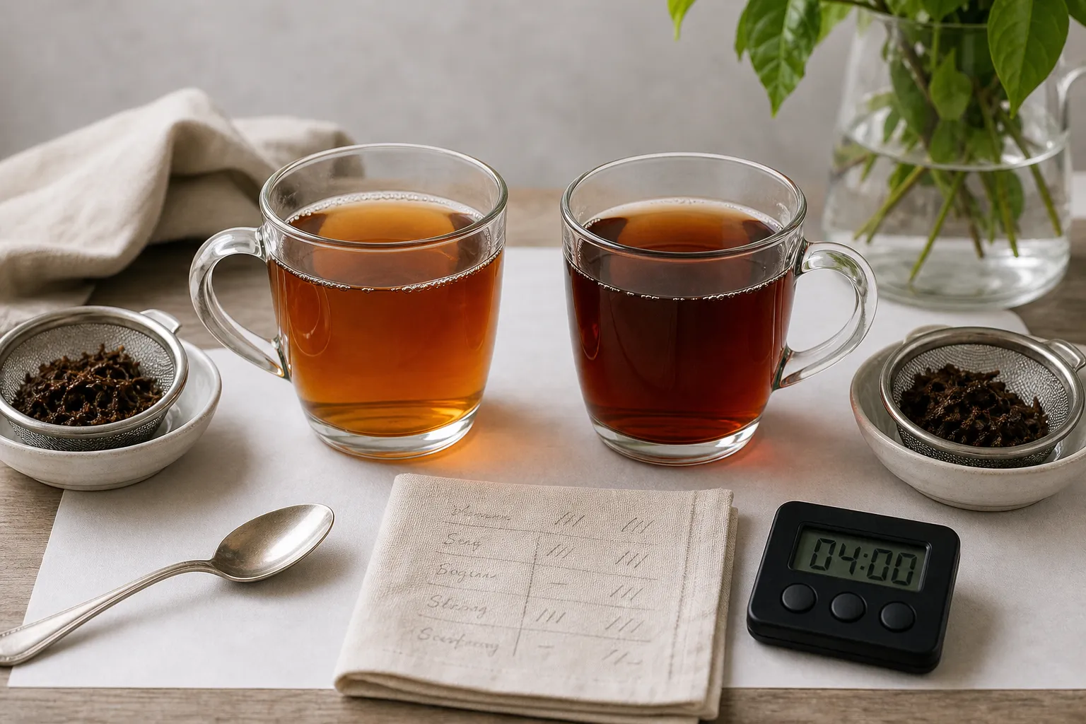 Two Western cups of black tea compared for color, aroma, body, and astringency