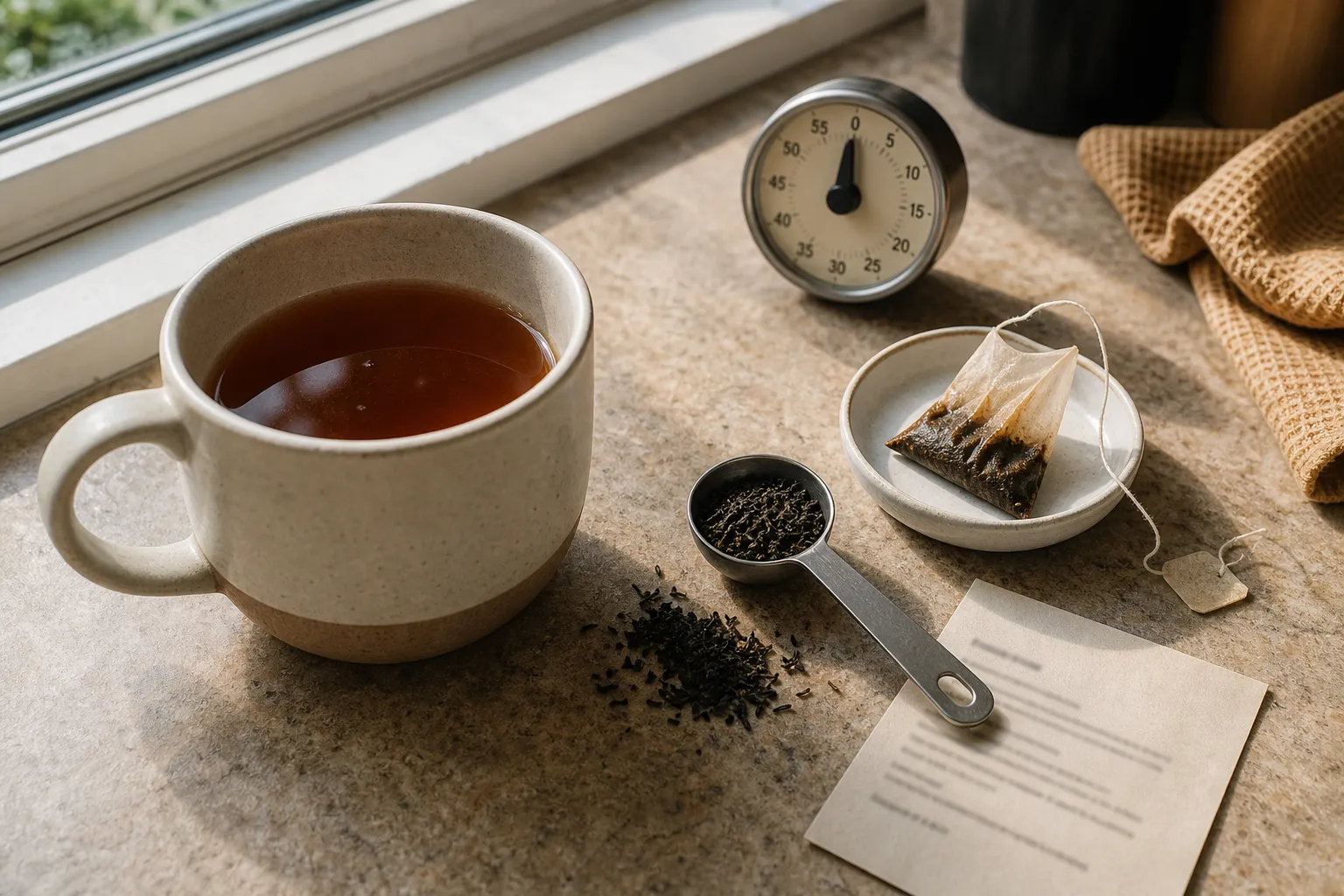 A black tea cup beside measured leaves, showing how leaf amount, cup size, and steeping time can change bitterness