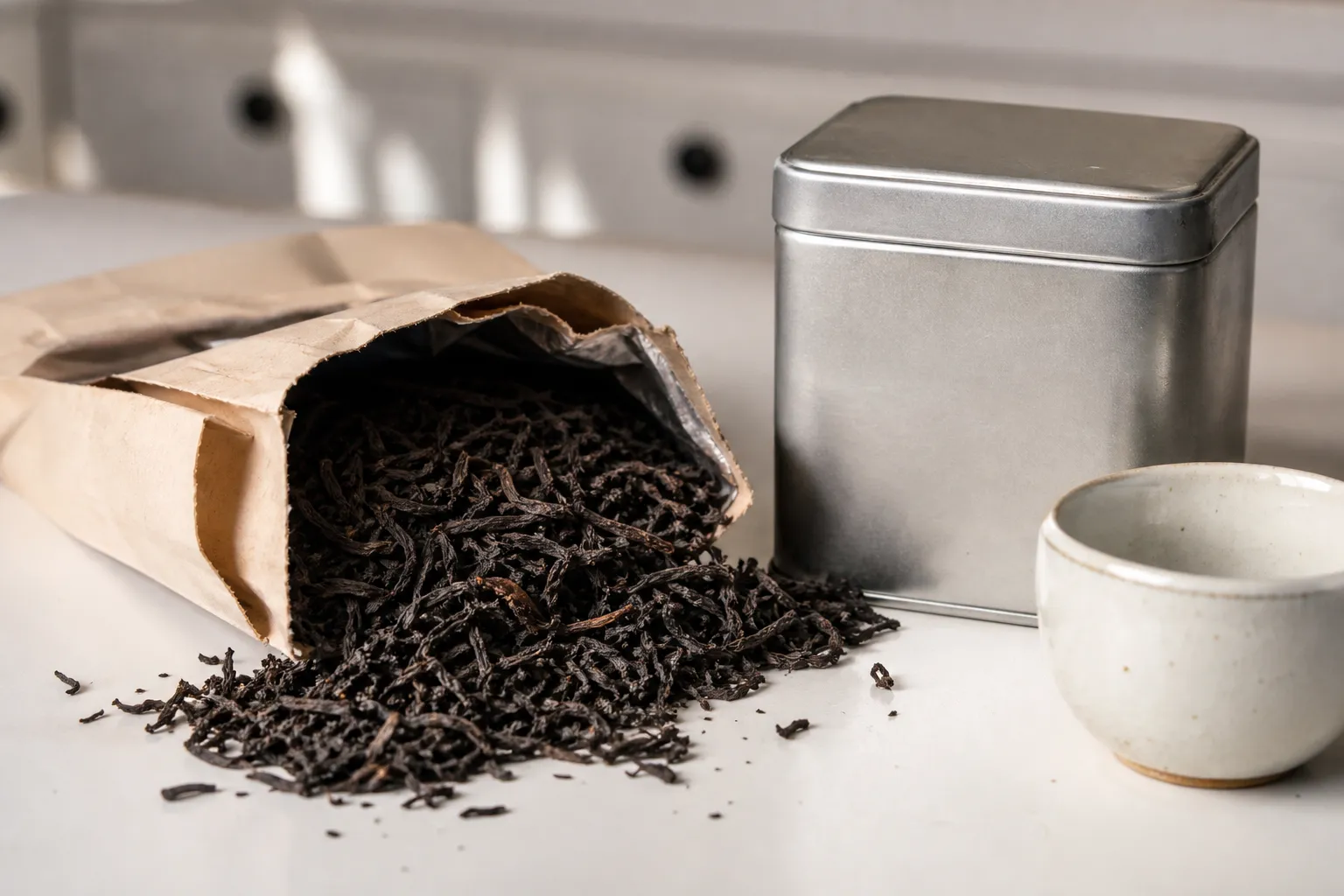 Dry black tea checked beside a closed storage tin and open paper packaging to judge stale aroma and storage effects
