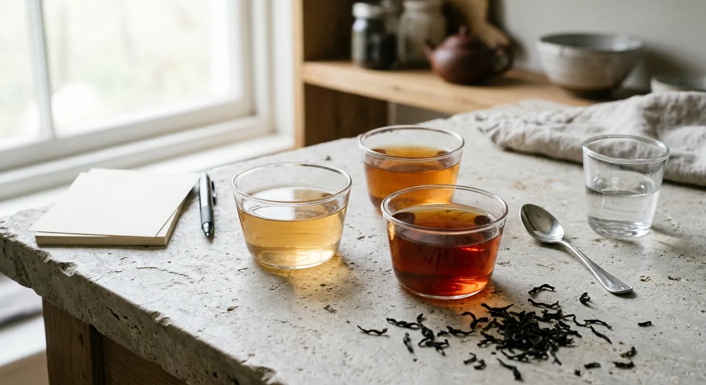 Three cups of black tea arranged to compare bitter, weak, and astringent tasting problems
