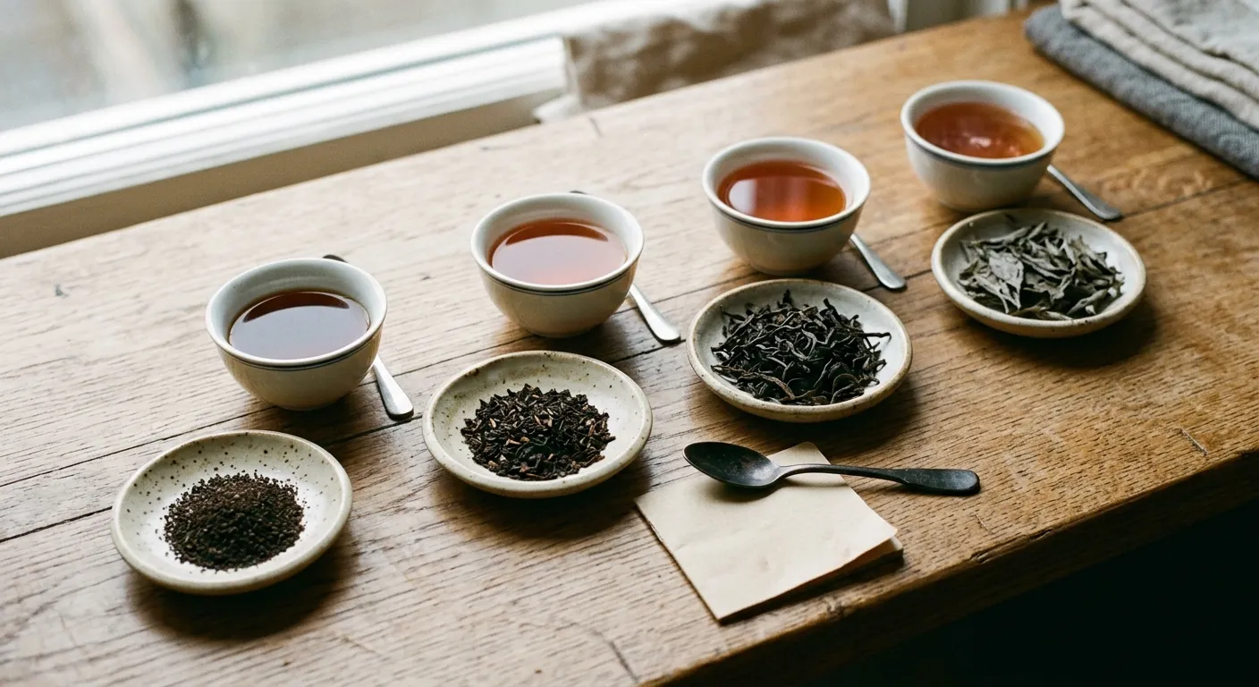 Different black tea leaf sizes beside brewed cups for checking how fast each tea may extract