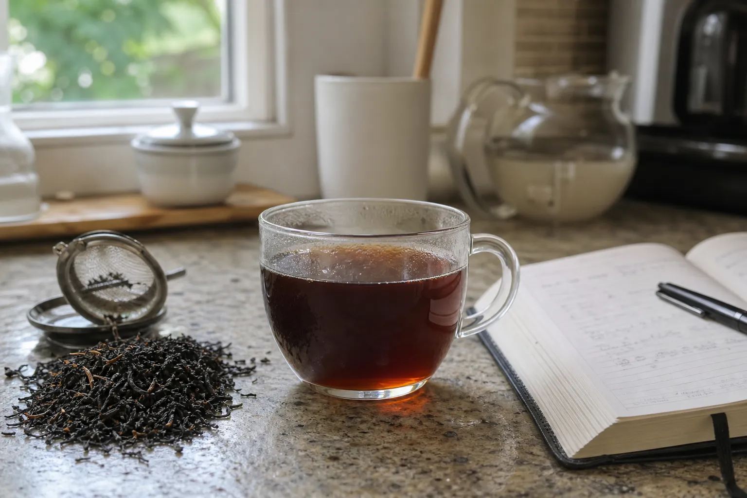Dark black tea in a cup beside loose leaves, showing the difference between color and mouthfeel