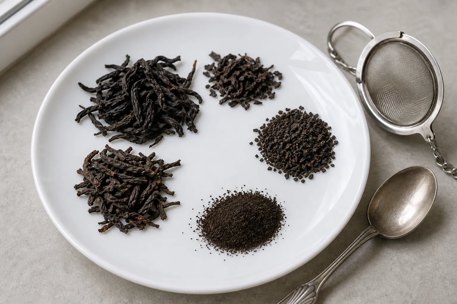 Different black tea leaf sizes on a plain saucer for checking how quickly they may infuse