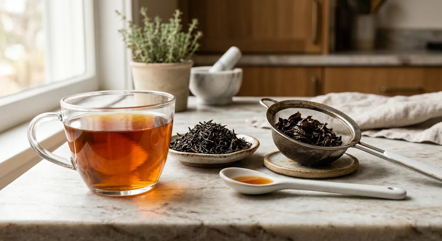 Black tea cup with dry leaves and wet leaves arranged for aroma and body checks