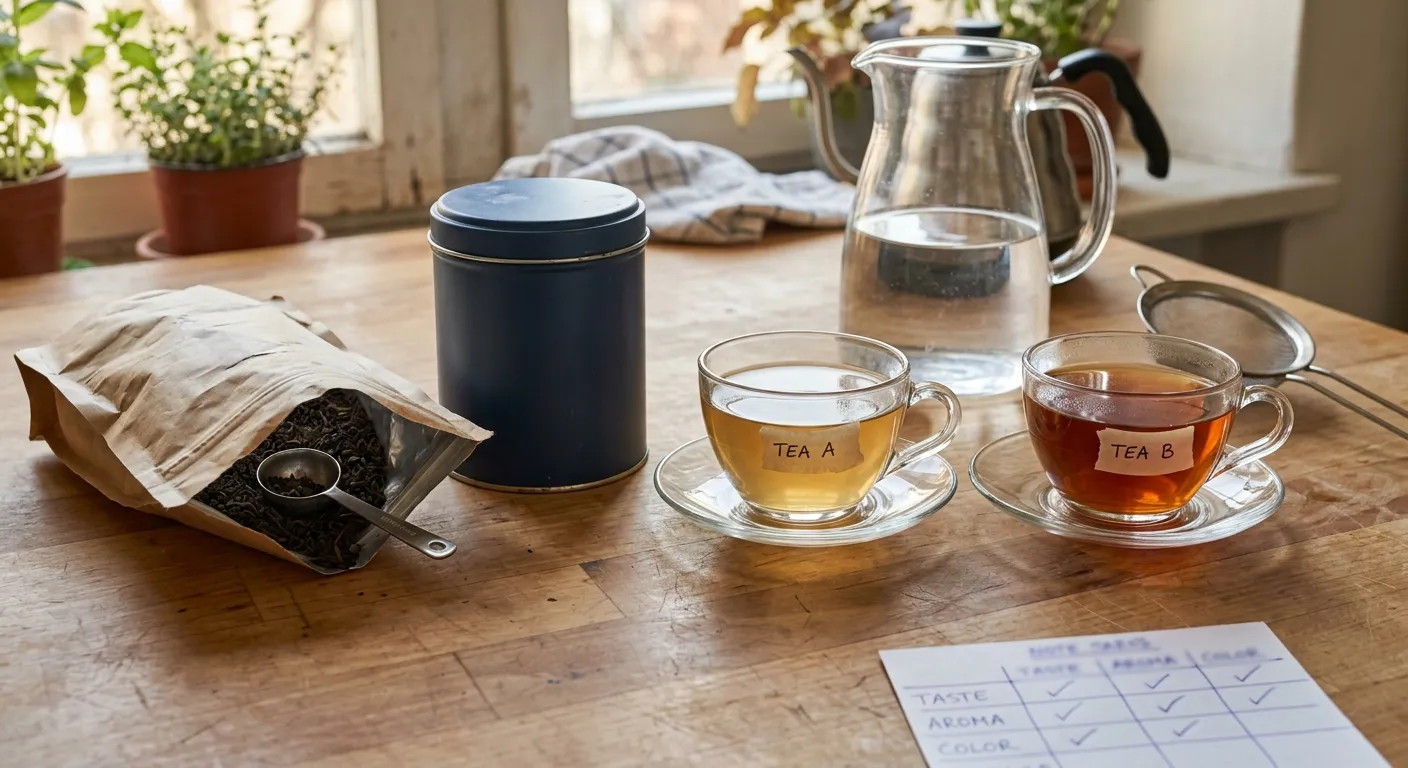 Black tea storage container and comparison cups used to check stale aroma and water effects