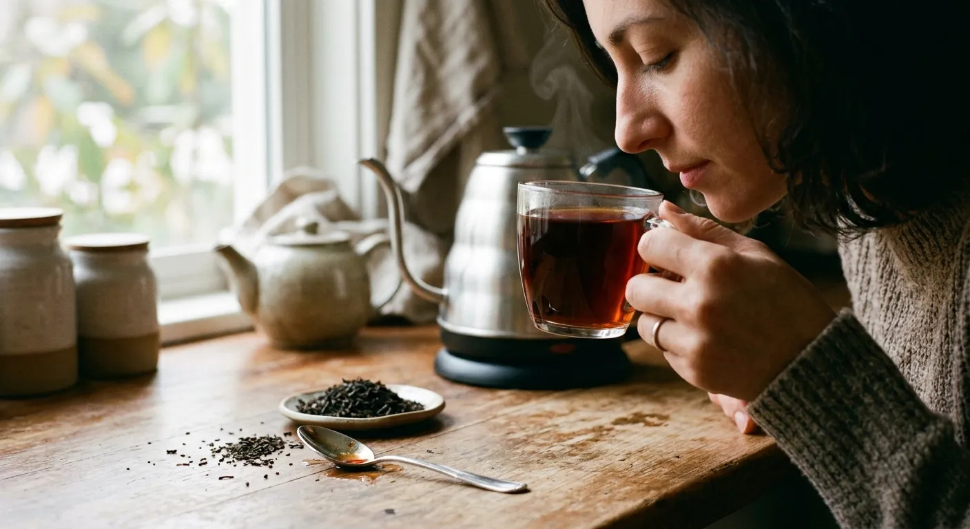 A dark black tea cup being evaluated for aroma, body, briskness, and finish rather than color alone
