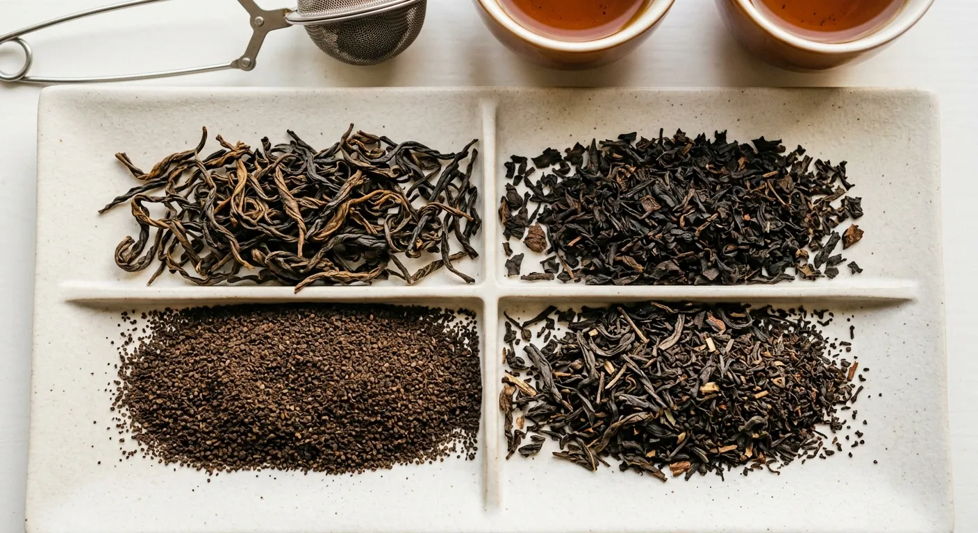 Different black tea leaf forms showing how whole leaves, broken leaves, fine particles, and mixed blends can brew differently