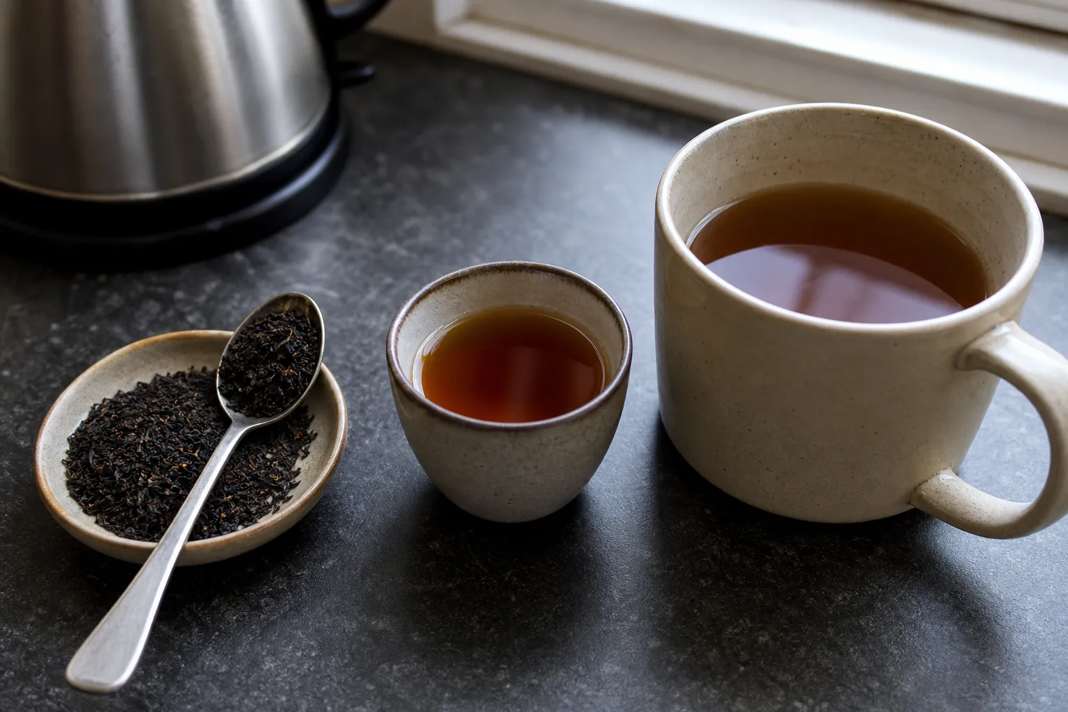 A black tea cup beside measured dry leaves and a large mug to show how leaf amount and water volume affect strength