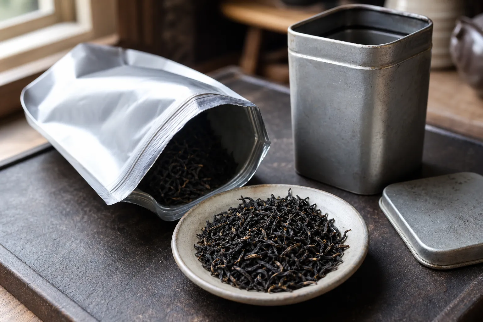 Dry black tea leaves near a resealable pouch and storage tin for checking aroma before brewing