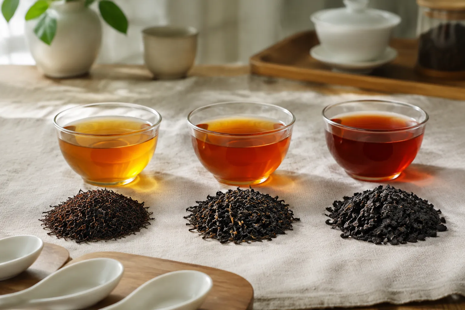 Three Ceylon black tea cups showing bright amber, orange-red, and darker reddish-brown liquor beside matching dry leaves