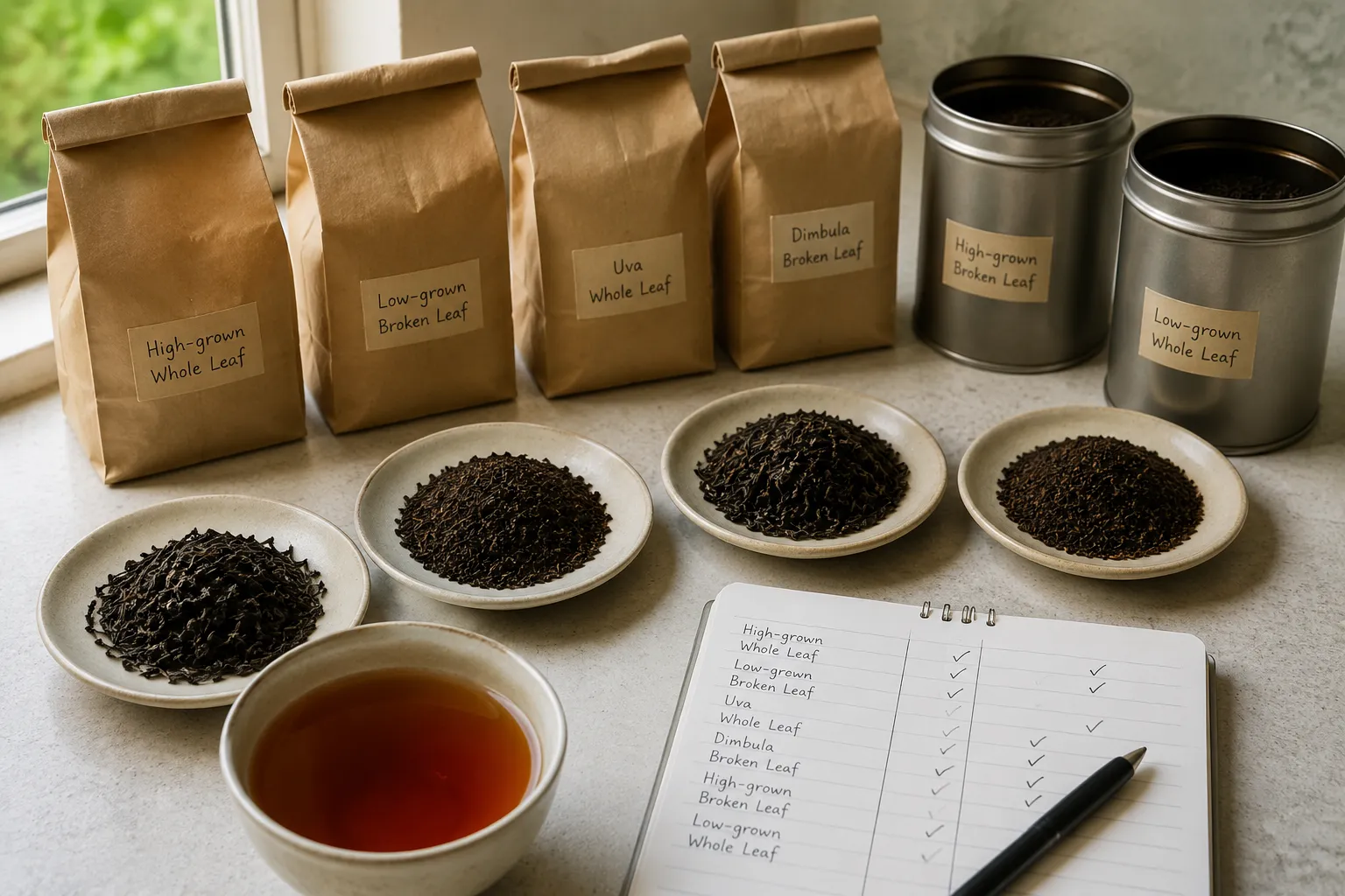Ceylon black tea packages with high-grown, low-grown, regional, broken-leaf, and whole-leaf clues arranged for comparison
