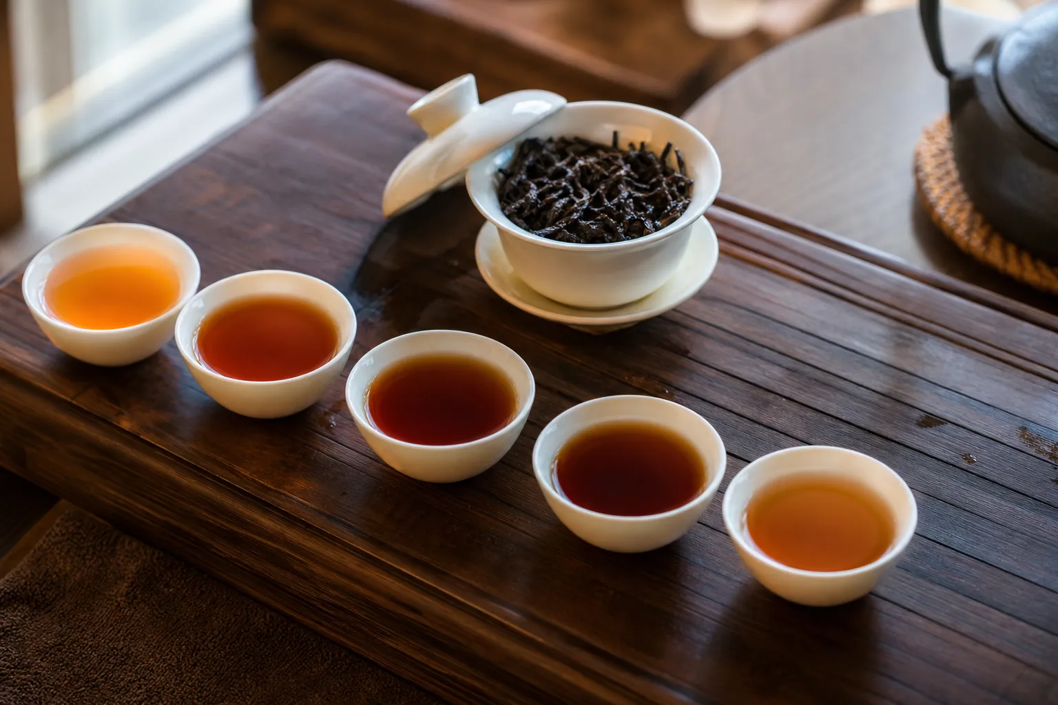 Several small cups of gongfu black tea showing different liquor colors across successive infusions