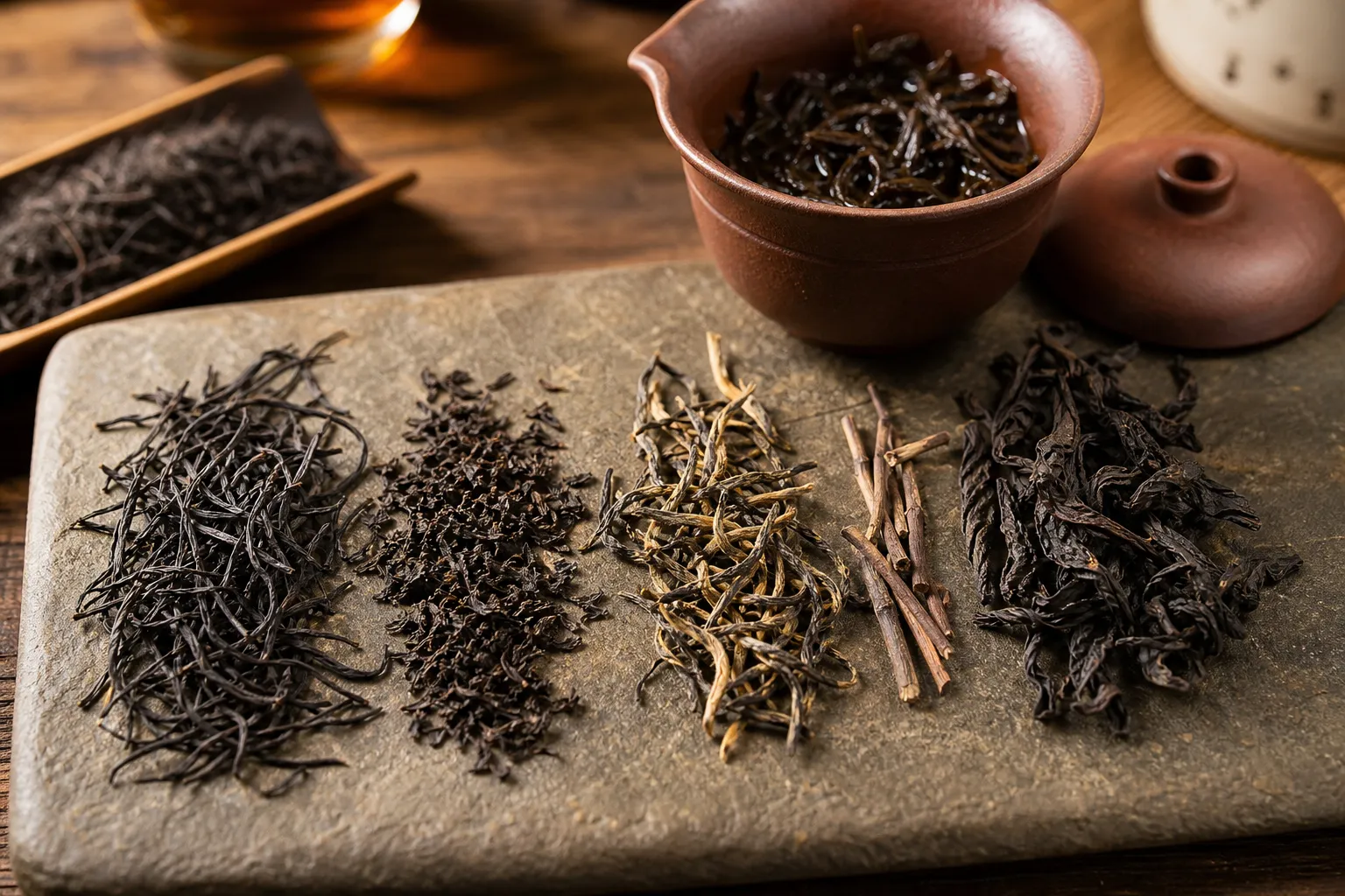 Dry black tea leaves of different sizes beside a small brewing vessel
