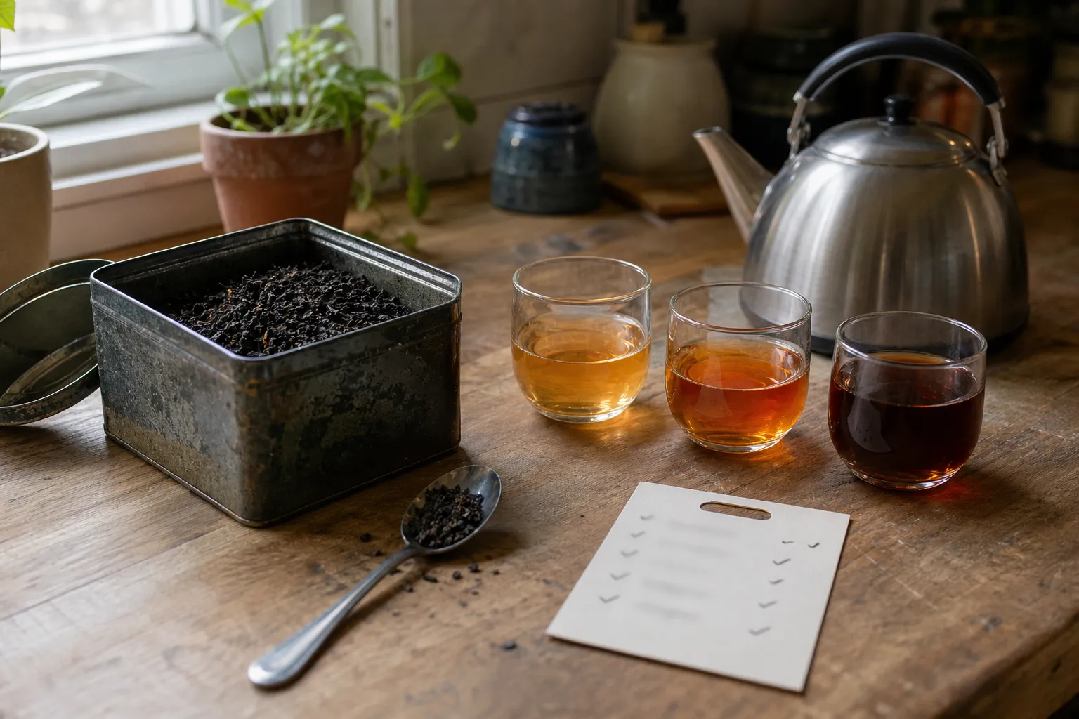 Old black tea leaves beside brewed cups used to compare weak, stale, and bitter results
